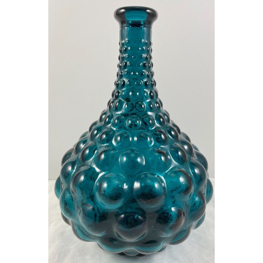 Empoli Genie Teal Decanter 9.25" Bottle Italy Vintage Hobnail Bubble MCM